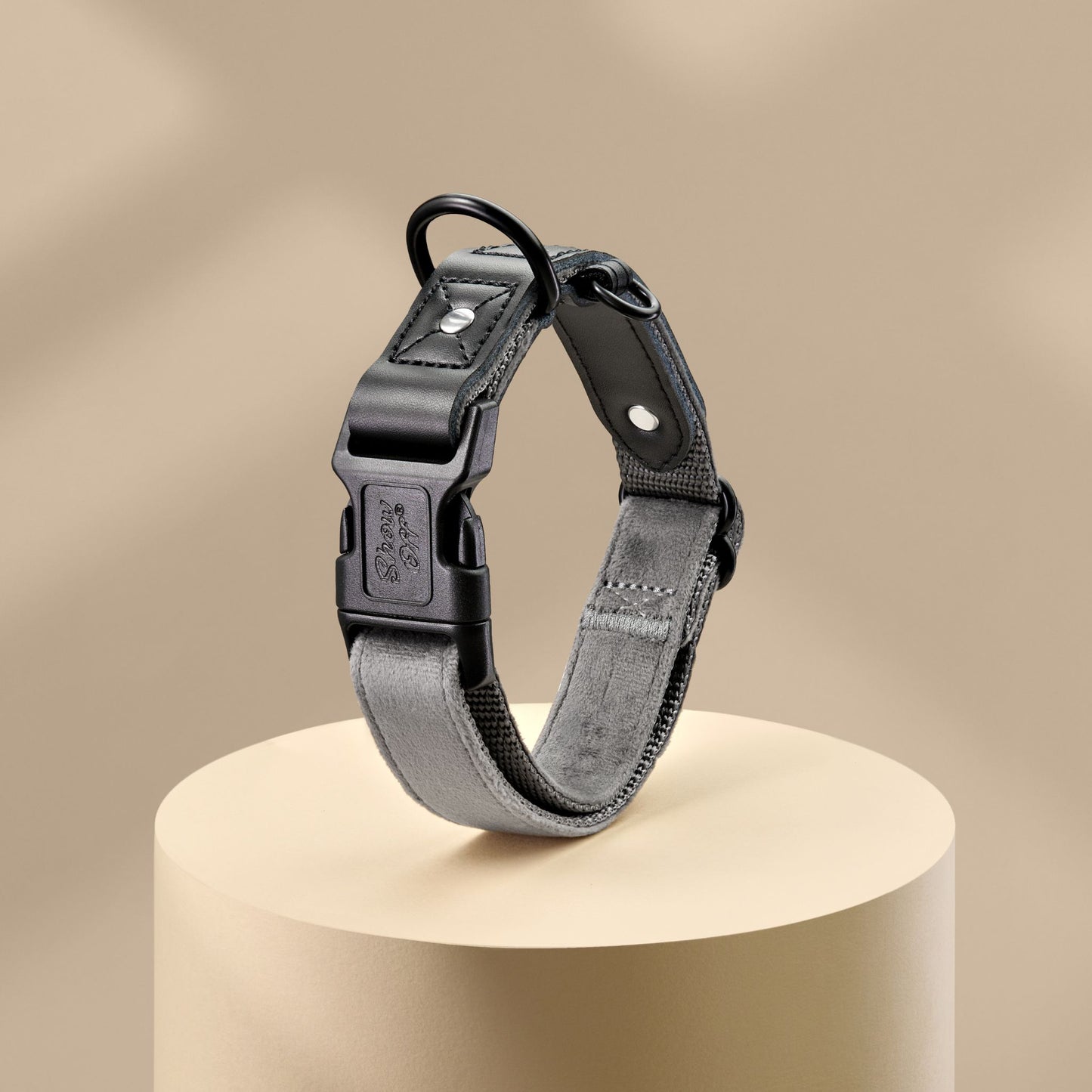 Grey Velvet Dog Collar with Black Leather
