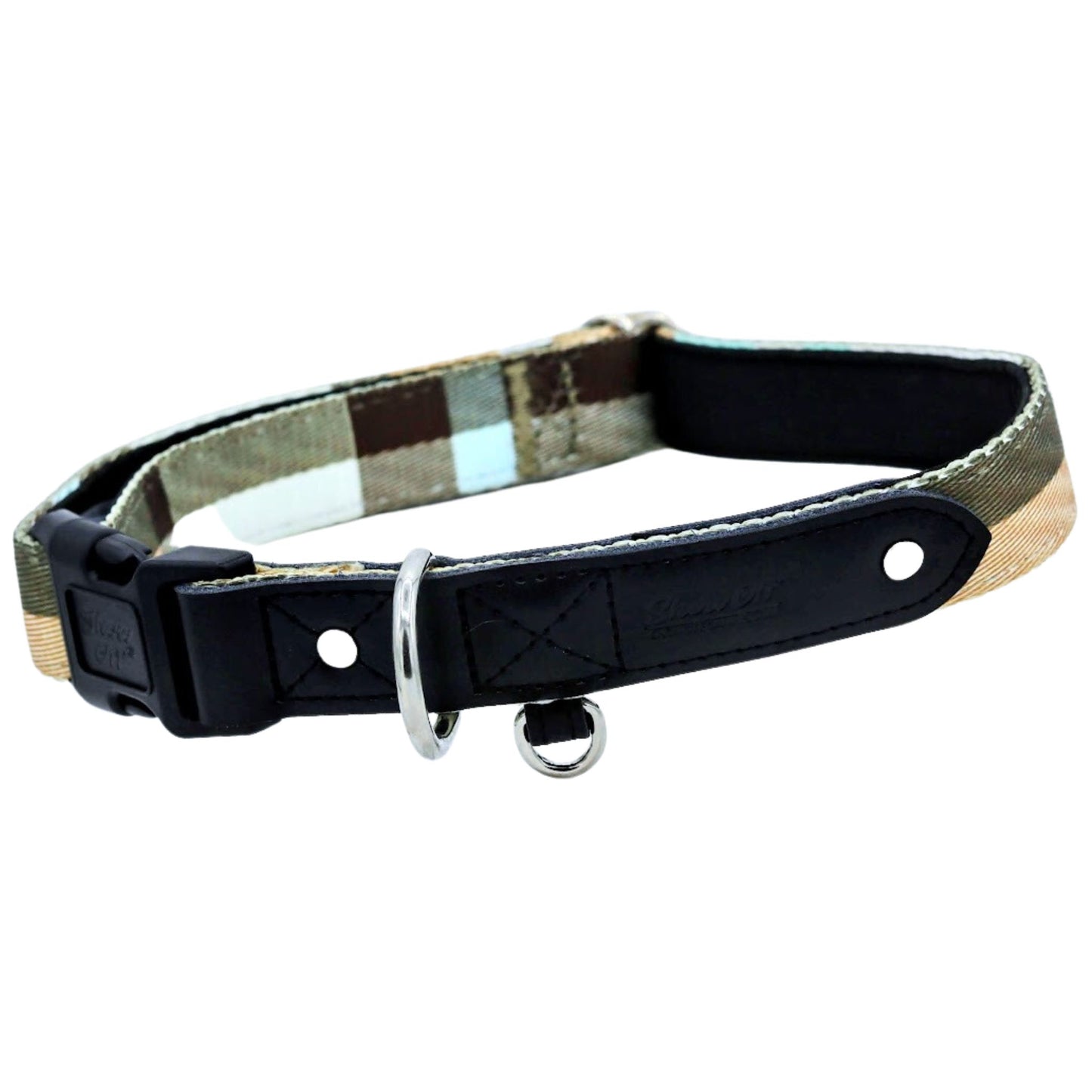 Brown Plaid Dog Collar with Black Leather