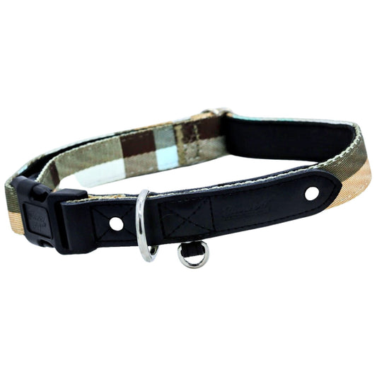 Brown Plaid Dog Collar with Black Leather