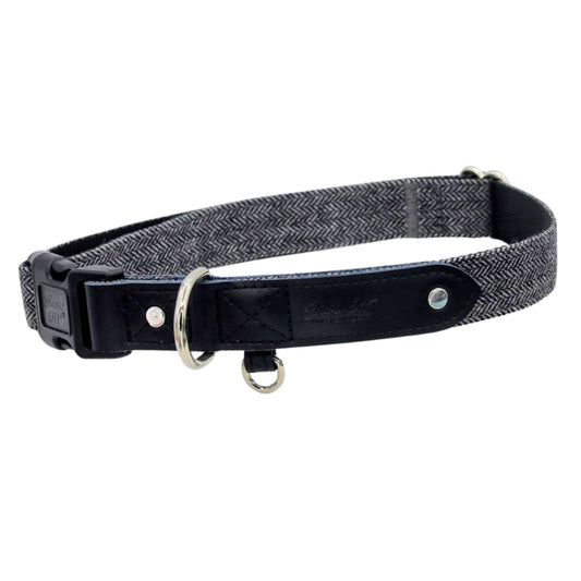Grey Tweed Dog Collar with Black Leather