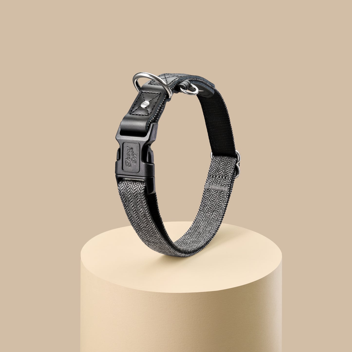 Grey Tweed Dog Collar with Black Leather